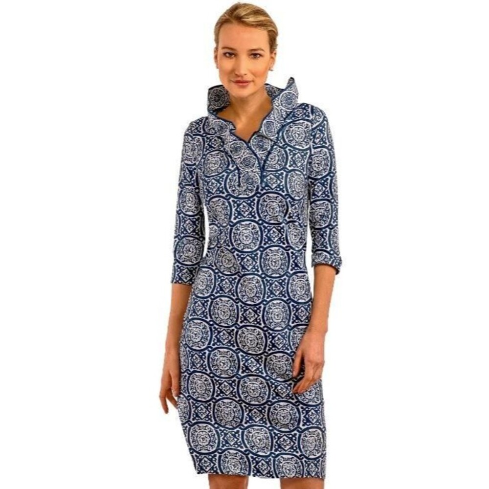 Gretchen Scott women Blue Sultans Dining Room Ruffneck Ruffle Neck Dress size XS